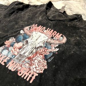 Black Cotton Tee with Skull & Floral Do No Harm Take No Sh!T T Shirt XL